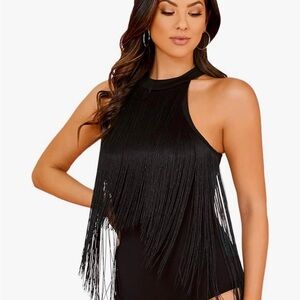 Verdusa Women's Fringe Trim Sleeveless Bodycon Halter Bodysuit Top Black S